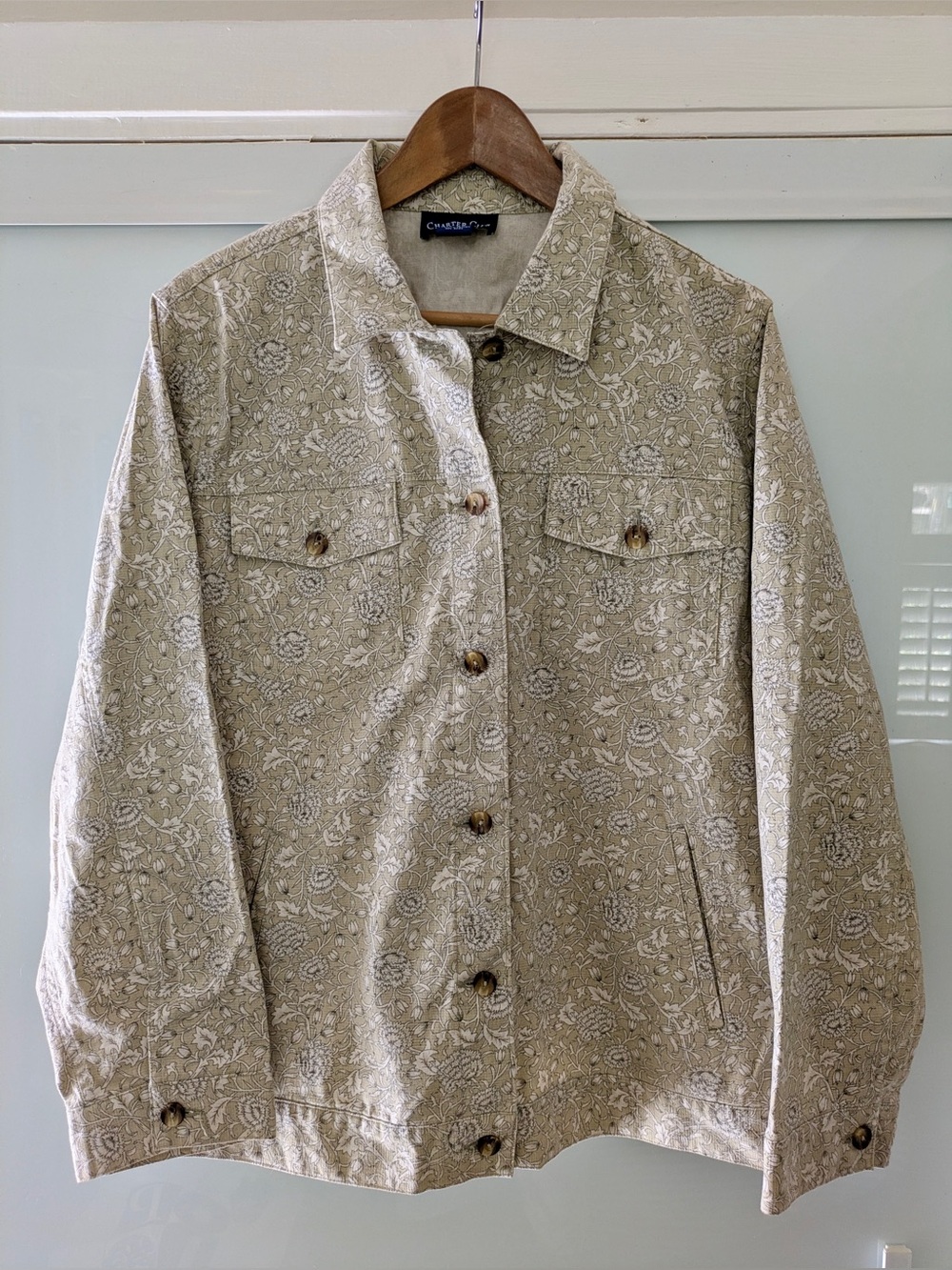 Charter Club Floral Print Light Denim Button-Up Jacket in Beige-Tan